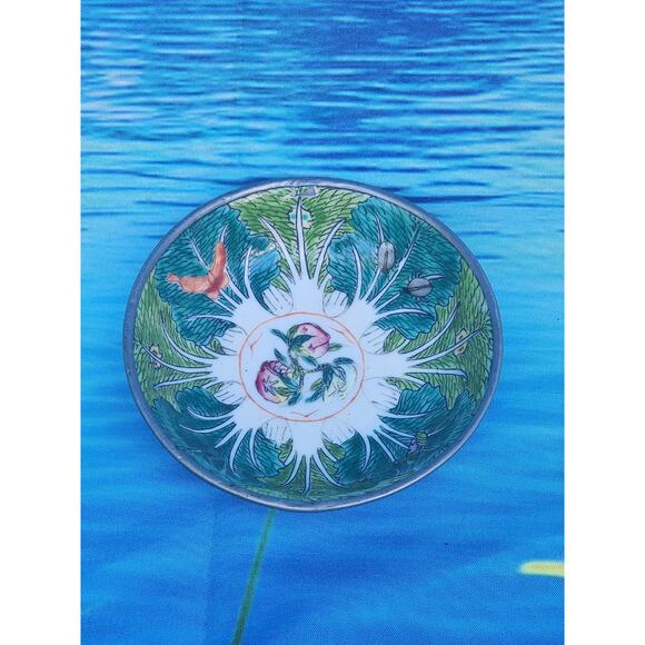 Famille Rose Verte and Bok Choy catchall Encased In Pewter Vintage 4" - Picture 1 of 3